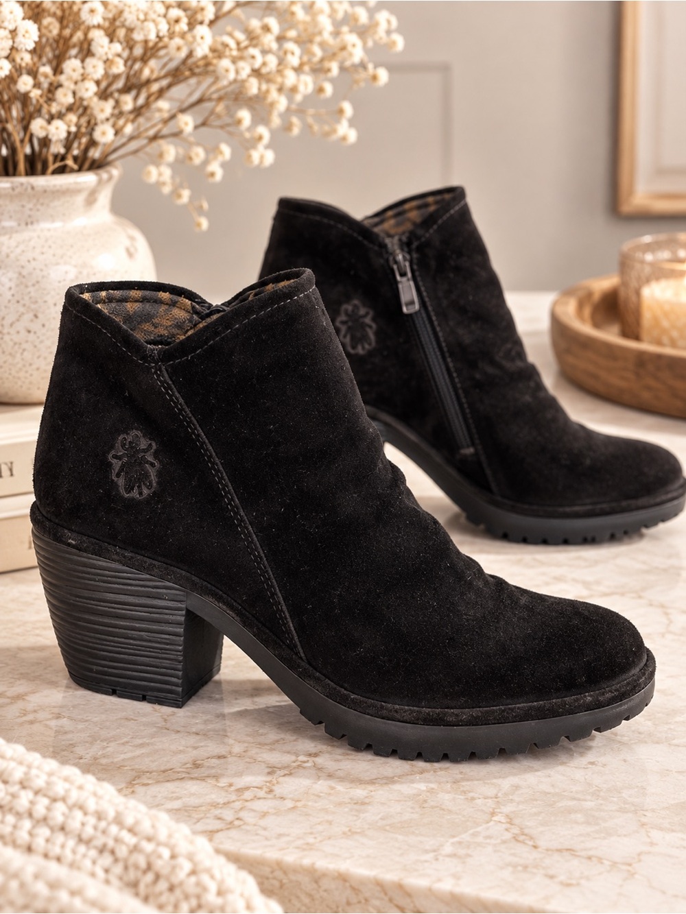FLY London Black Suede Ankle Boots Women’s Size 7 Side Zip Block Heel